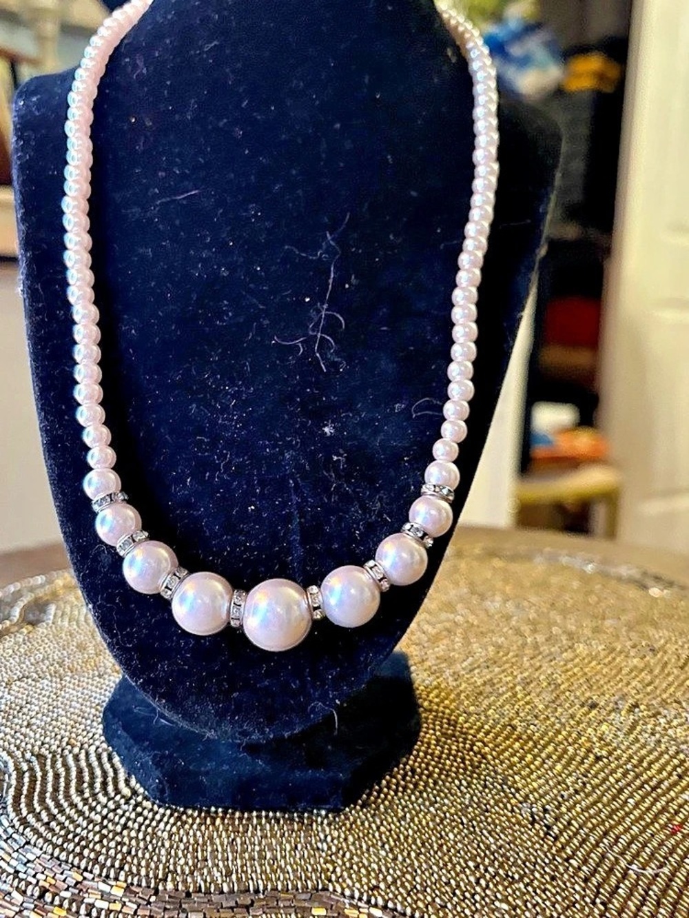 Gray Faux Pearl Necklace Graduated Beads Rhinestone Spacers Silver Tone